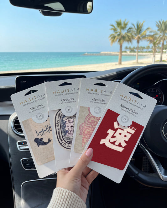 The Signature Bundle: Buy 3 Get 1 Free: hand holding the Ease in Every Journey, Eau de Lavande, Let the Good Times Roll and JDM Spirit HabitAir retail packs in a car