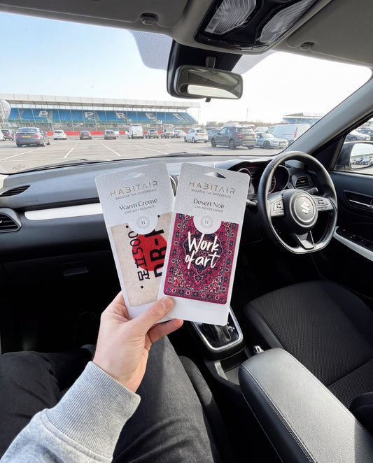 DR-FT & Work of Art - Duo Bundle: hand holding the DR-FT and Work of Art HabitAir retail packs in a car