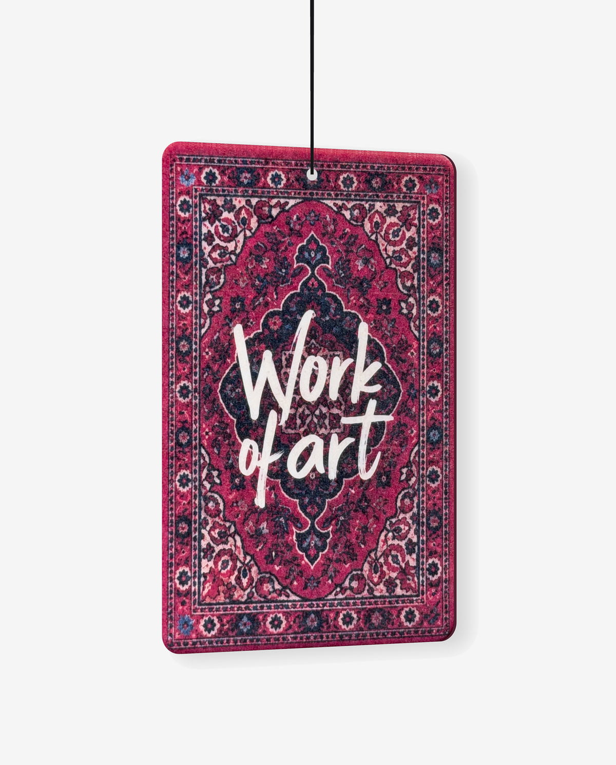 Work of Art car air freshener card, angled view