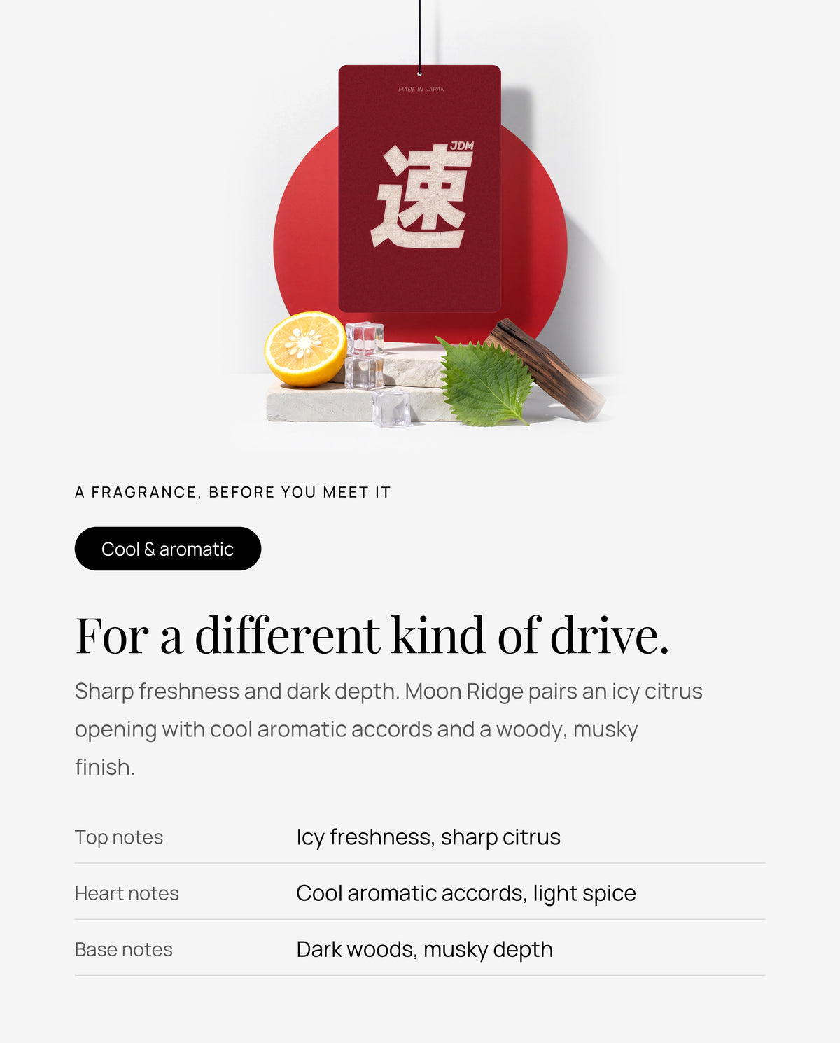 JDM Spirit scent profile: top, heart and base notes