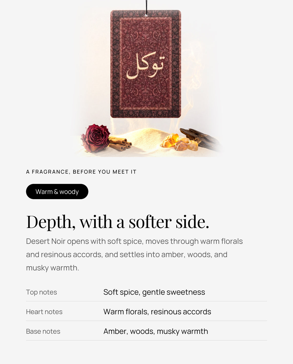 DESERT NOIR scent profile: top, heart and base notes