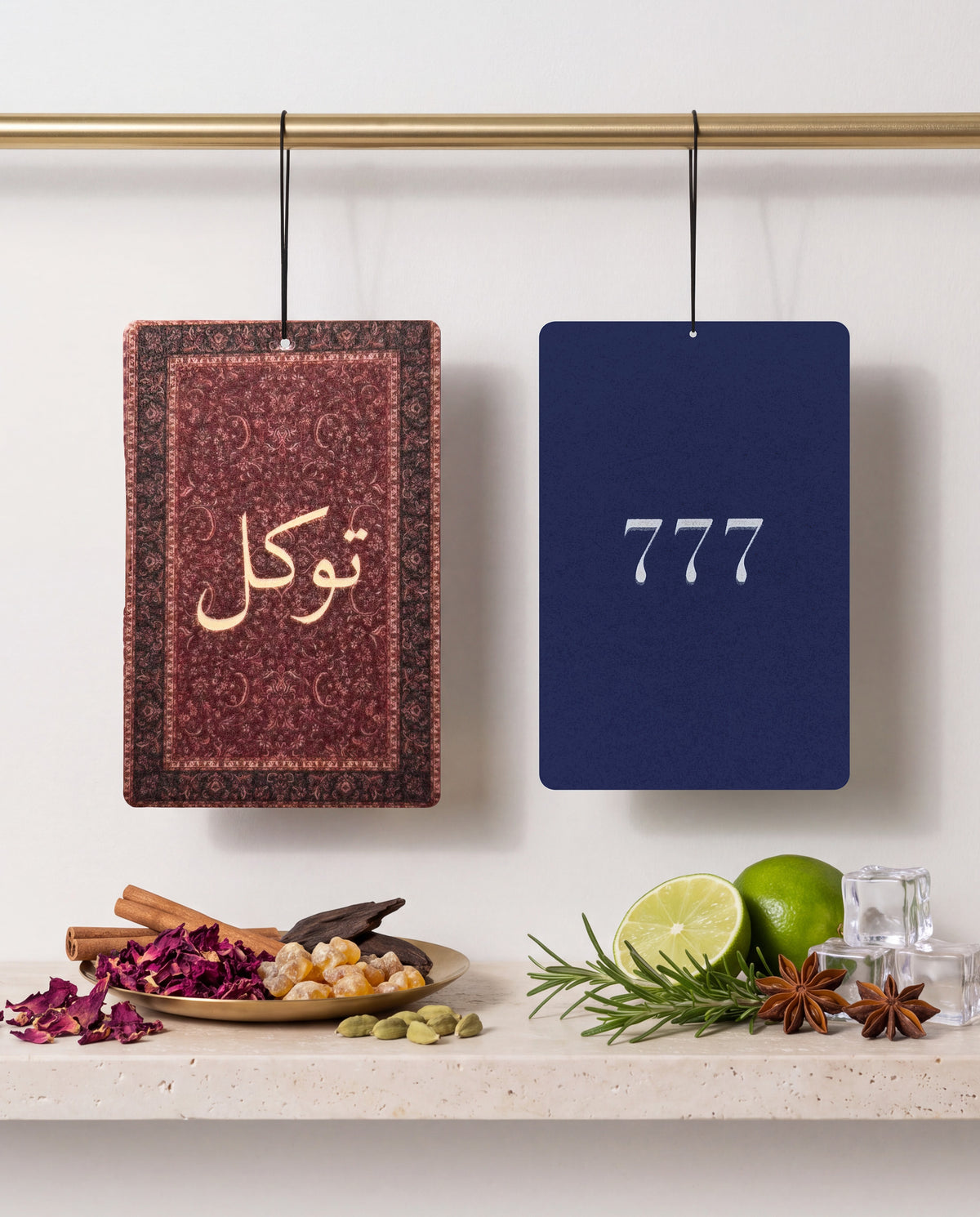 Balance & Luck DUO Bundle: Tawakkul and Lucky 777 car air freshener cards displayed with their scent ingredients