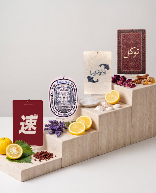 The Journey Bundle: Buy 3 Get 1 Free: JDM Spirit, Eau de Lavande, Ease in Every Journey and Tawakkul car air freshener cards displayed with their scent ingredients