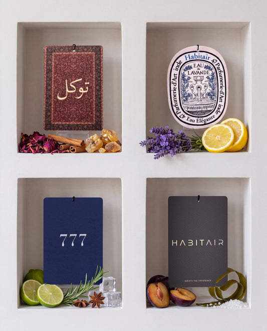 The Grand Tour Bundle: Buy 3 Get 1 Free: Tawakkul, Eau de Lavande, Lucky 777 and Habitair Classic car air freshener cards displayed with their scent ingredients