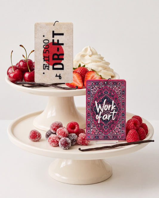 DR-FT & Work of Art - Duo Bundle: DR-FT and Work of Art car air freshener cards displayed with their scent ingredients