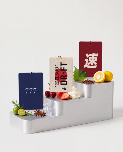 Habitair Trio: JDM LEGENDS — 3 PACK 🏁: Lucky 777, DR-FT and JDM Spirit car air freshener cards displayed with their scent ingredients