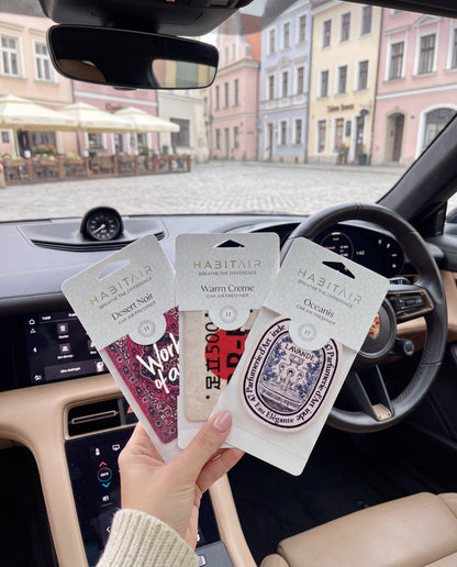 Habitair Trio: The Artisan Collection: hand holding the Work of Art, DR-FT and Eau de Lavande HabitAir retail packs in a car