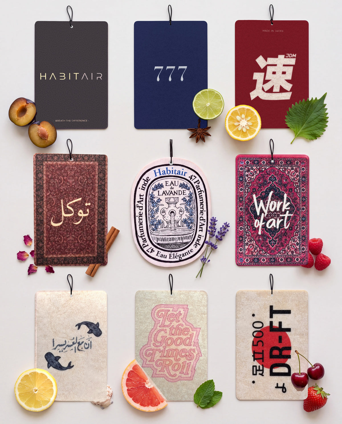 THE ENTHUSIAST PACK 🔥: all nine HabitAir cards car air freshener cards displayed with their scent ingredients