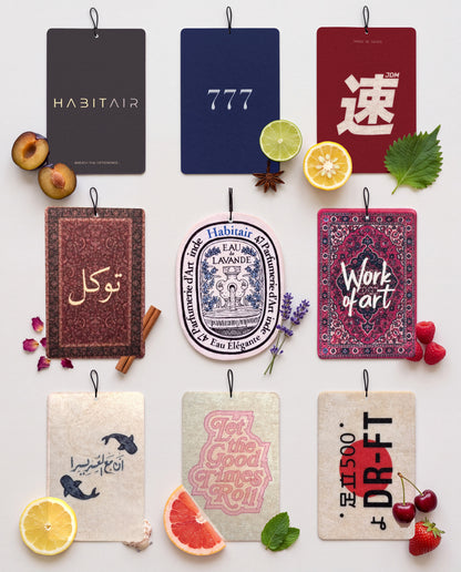 THE ENTHUSIAST PACK 🔥: all nine HabitAir cards car air freshener cards displayed with their scent ingredients
