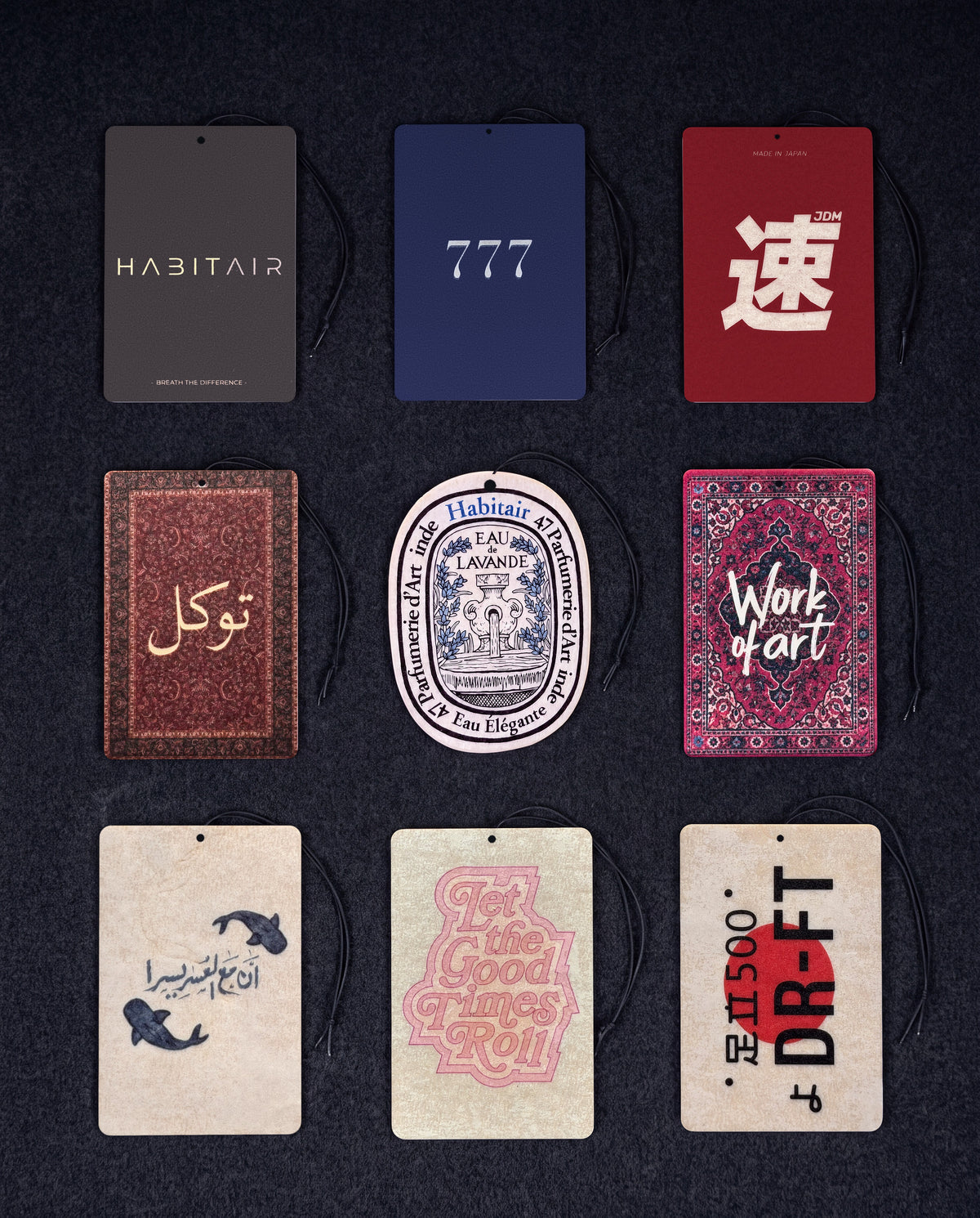 THE ENTHUSIAST PACK 🔥: all nine HabitAir cards car air freshener cards on a car interior detail