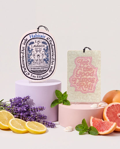 The Feel Good - DUO: Eau de Lavande and Let the Good Times Roll car air freshener cards displayed with their scent ingredients