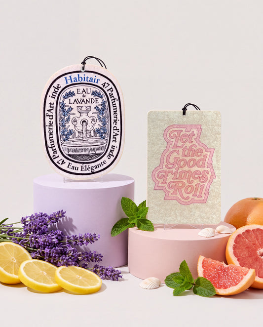 The Feel Good - DUO: Eau de Lavande and Let the Good Times Roll car air freshener cards displayed with their scent ingredients