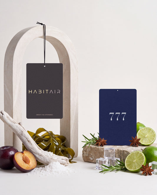 The Minimal - DUO: Habitair Classic and Lucky 777 car air freshener cards displayed with their scent ingredients